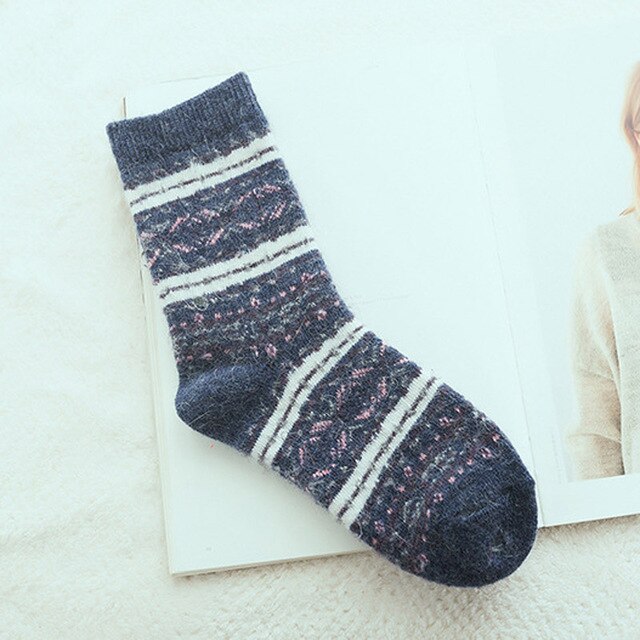 Women's Thick Blue Patterned Winter Socks