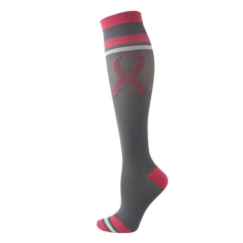 Gray nursing compression socks with pink breast cancer ribbon